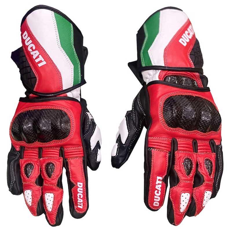 Ducati MotoGP leather racing gloves with carbon fiber knuckle protection by Jackets Kingdom