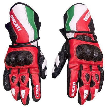 Ducati MotoGP leather racing gloves with carbon fiber knuckle protection by Jackets Kingdom