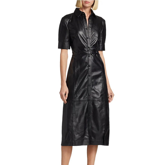 Fall Edition Black Leather Dress - Sleek Button Down Style
