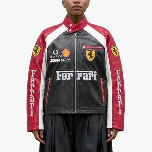 Vintage motorsport leather jacket with embroidered racing details