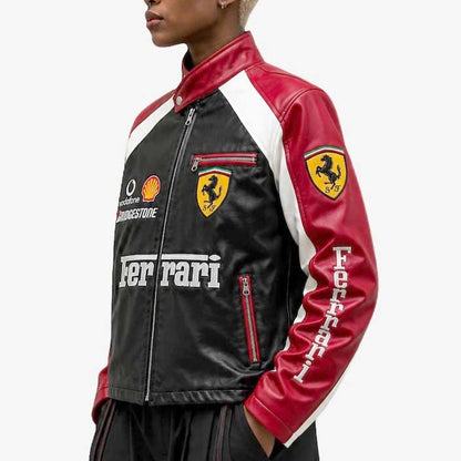Black leather racing jacket with snap-tab collar and zipper cuffs