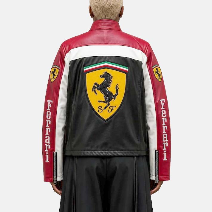 Motorsport-inspired leather jacket with multiple zippered pockets