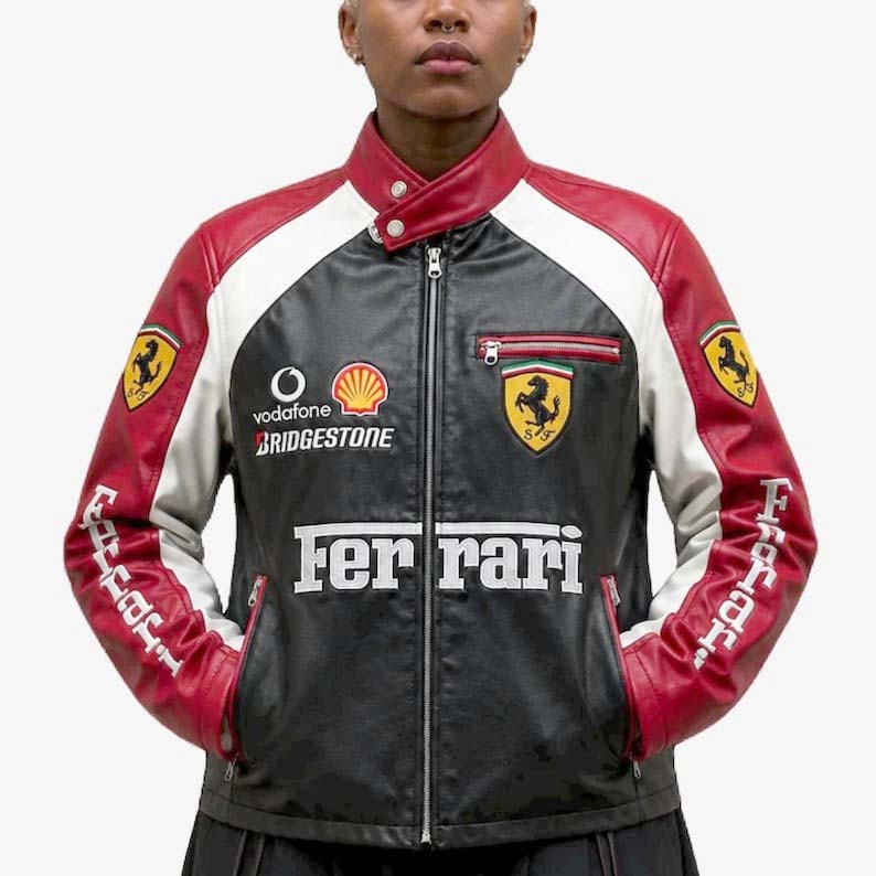 Ferrari-inspired black racing leather jacket with red and white accents