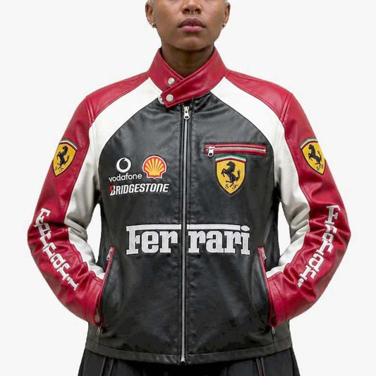 Ferrari-inspired black racing leather jacket with red and white accents