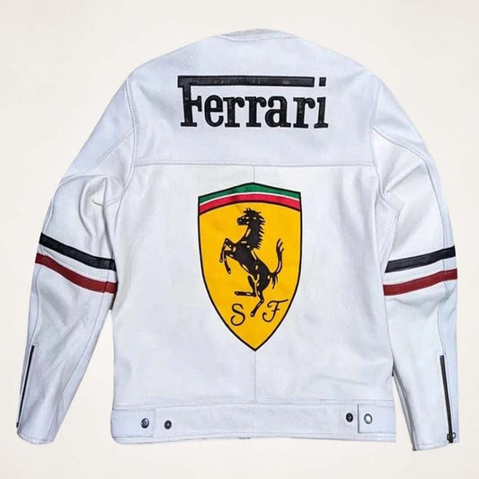 Ferrari White Racing Leather Jacket – Real Cowhide Champion Edition
