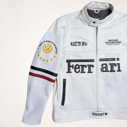 Ferrari Withe Jacket Ferrari White Racing Leather Jacket - Jackets Kingdom