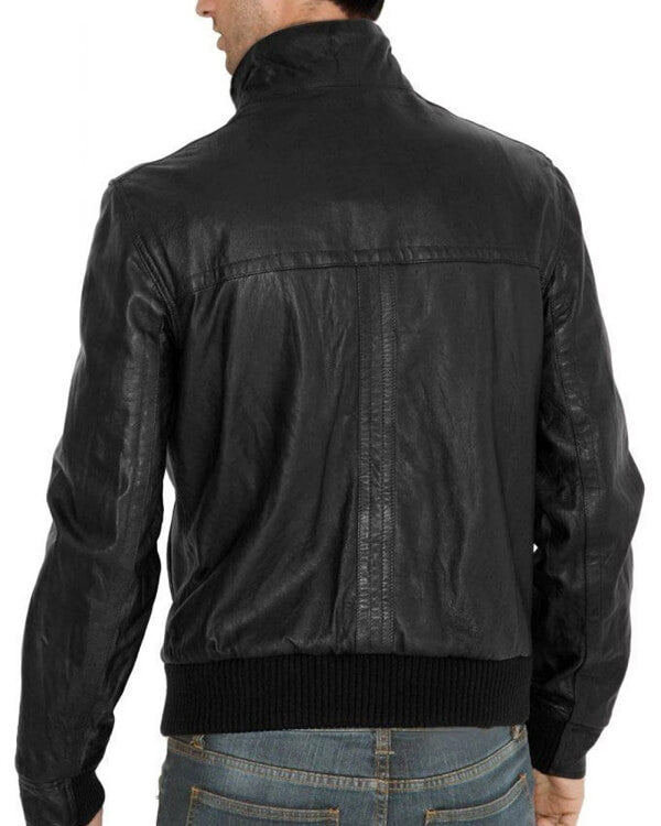 Fitted Bomber Style Black Leather Jacket for Men