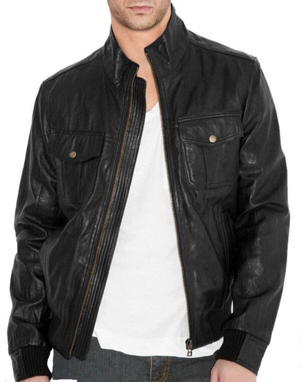 Fitted Bomber Style Black Leather Jacket for Men