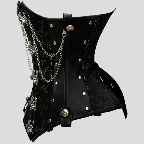 Goel Silver Brocade & Faux Leather Underbust Corset With Chain Details
