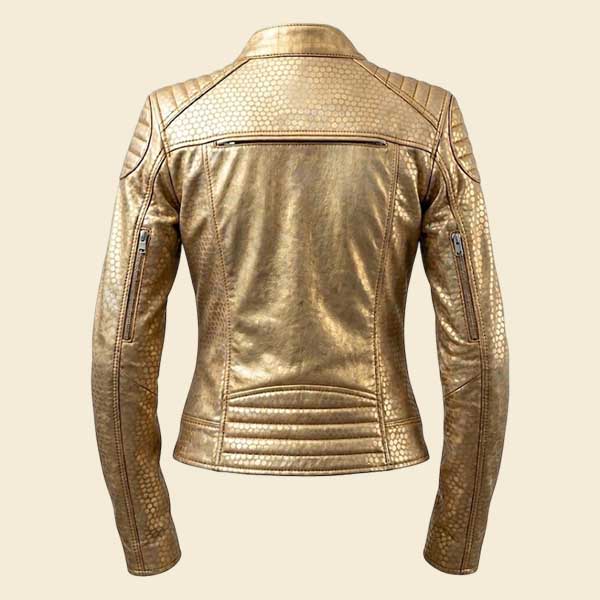 Gold Faux Leather Jacket Women Metallic Biker Moto style