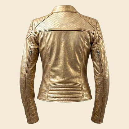 Gold Faux Leather Jacket Women Metallic Biker Moto style