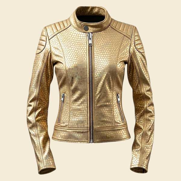 Gold Faux Leather Jacket Women Metallic Biker Moto style