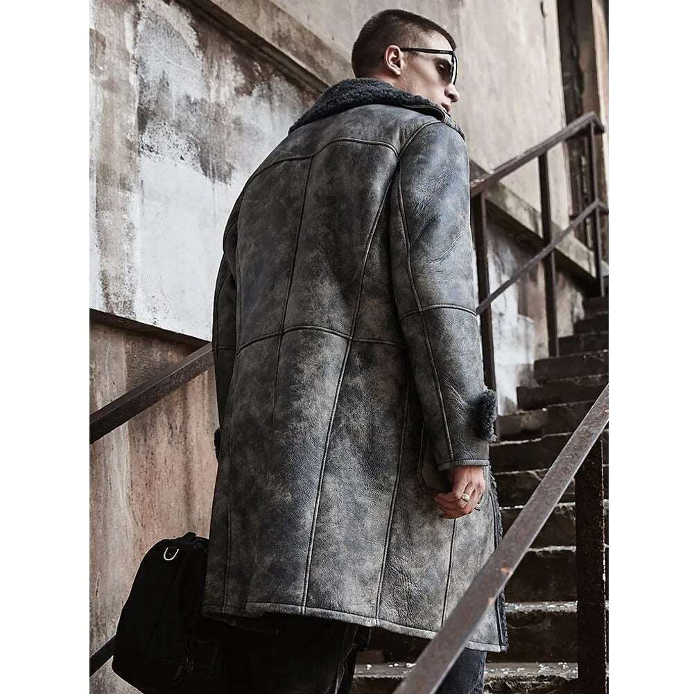 Elegant Gray B3 Shearling Jacket Long Sheepskin Coat