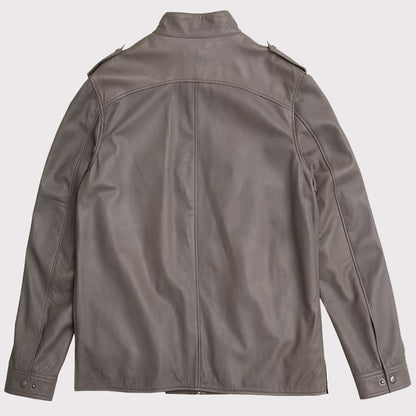 Gray German Style Lambskin Leather Bomber Jacket
