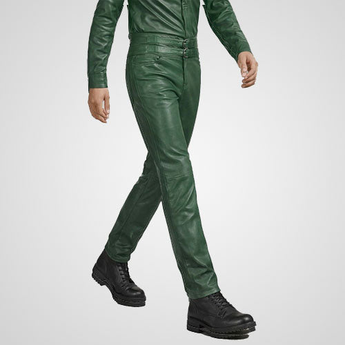 Slim fit green leather trousers with double buckle waist straps
