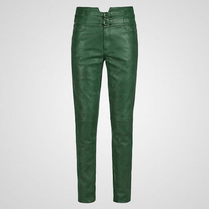 Green genuine leather pants with slim fit modern cut