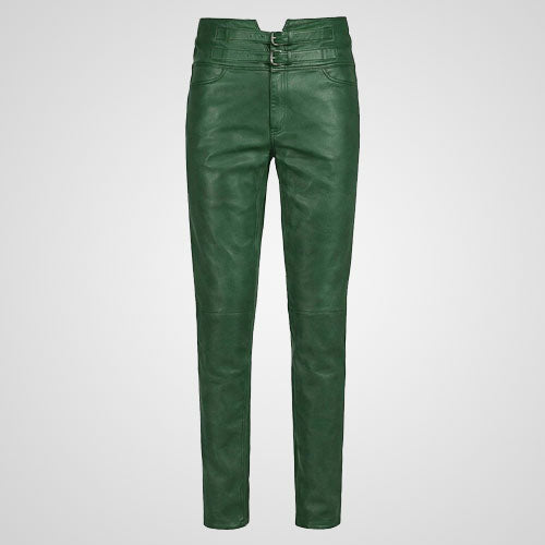 Green genuine leather pants with slim fit modern cut