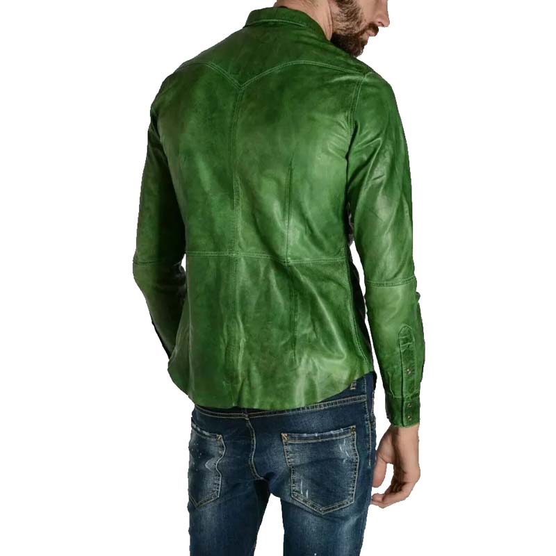 Green Napa Lamb Leather Biker Shirt