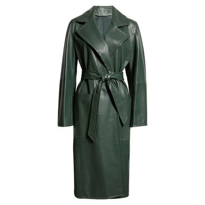 Elegant Green Women's Wrap Leather Coat
