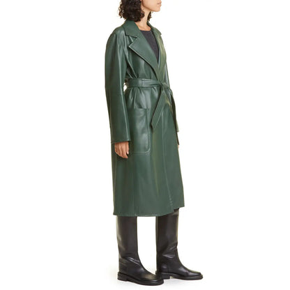Elegant Green Women's Wrap Leather Coat