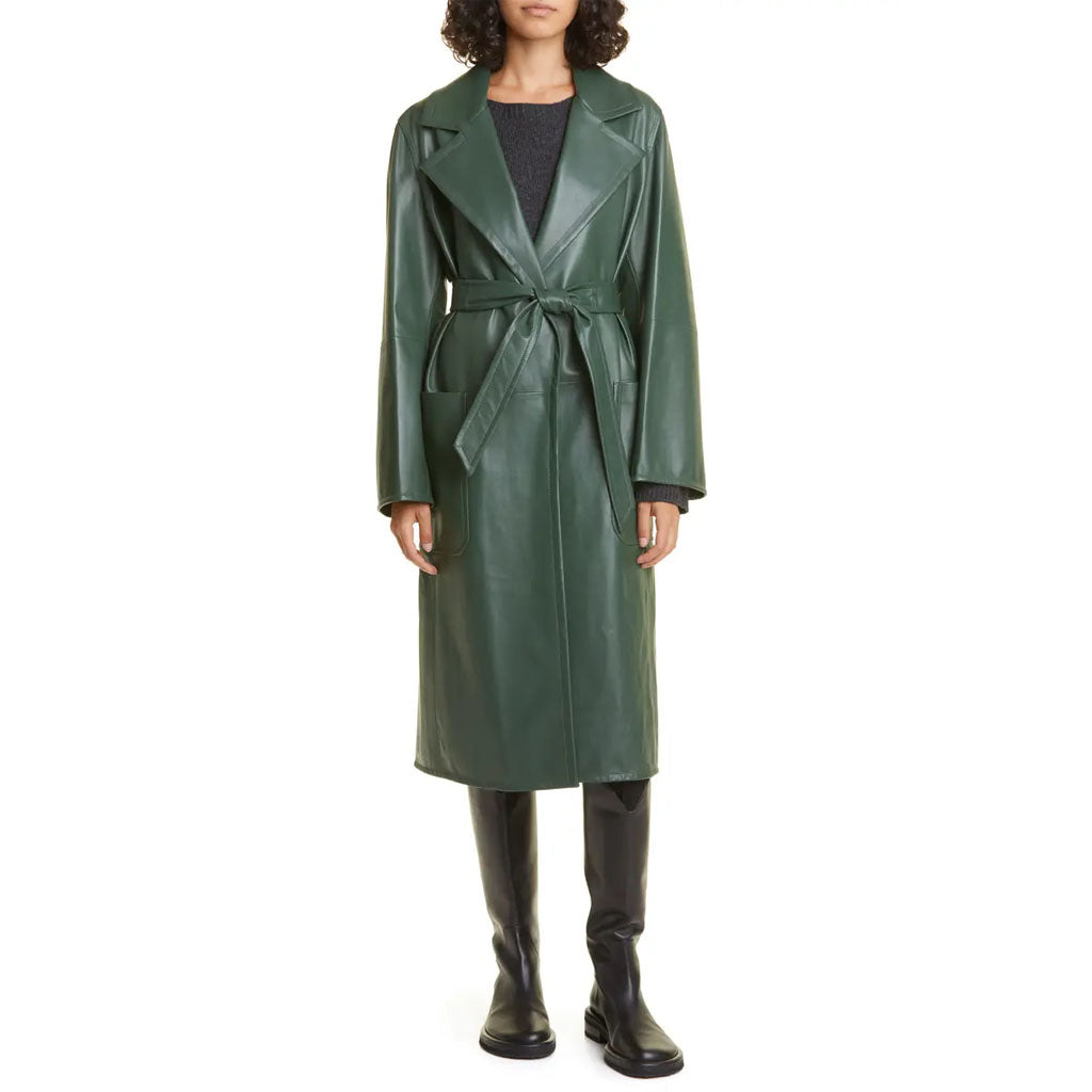 Green Women's Wrap Leather Coat - Elegant Style