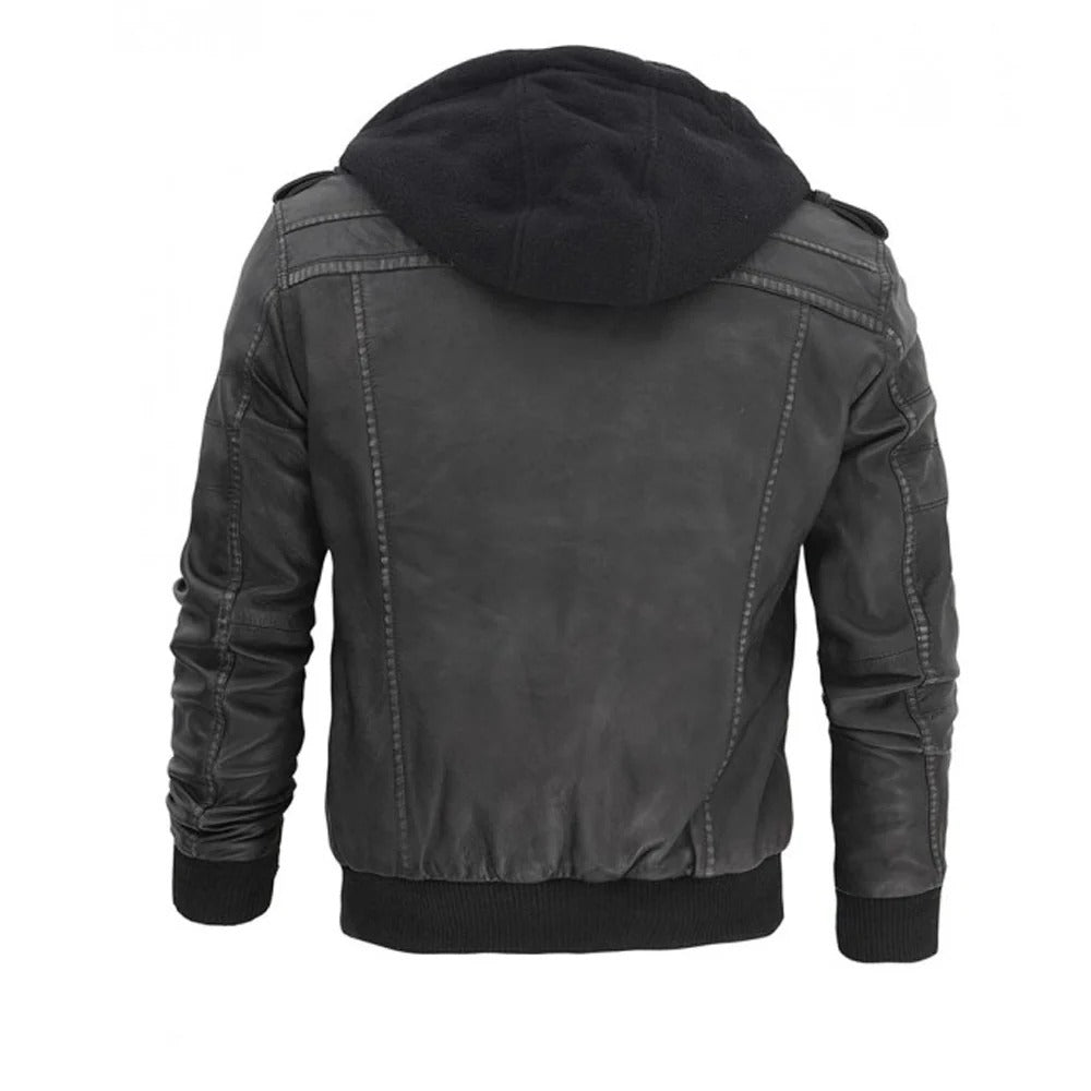 grey hooded bomber mens leather jacket