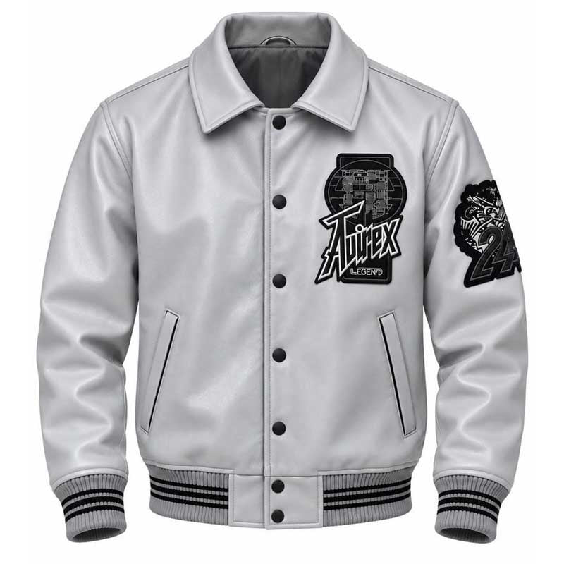 embroidered patches on a grey leather varsity jacket