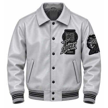 embroidered patches on a grey leather varsity jacket