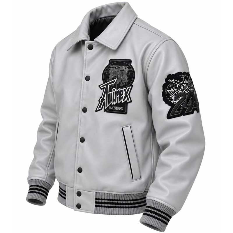 Grey leather varsity jacket showing ribbed cuffs and waistband