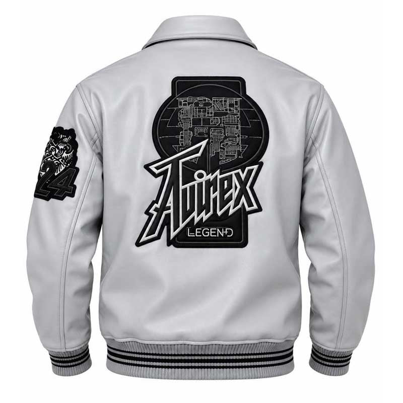 Grey leather varsity jacket with side pockets