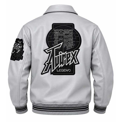 Grey leather varsity jacket with side pockets