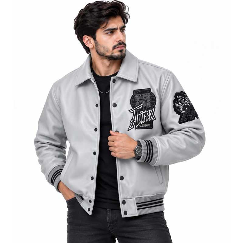 Grey leather Avirex varsity jacket with embroidered patches