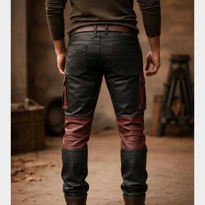Back view of Handmade Black and Red Leather Cargo Pants with Utility Pockets showing durable metal hardware