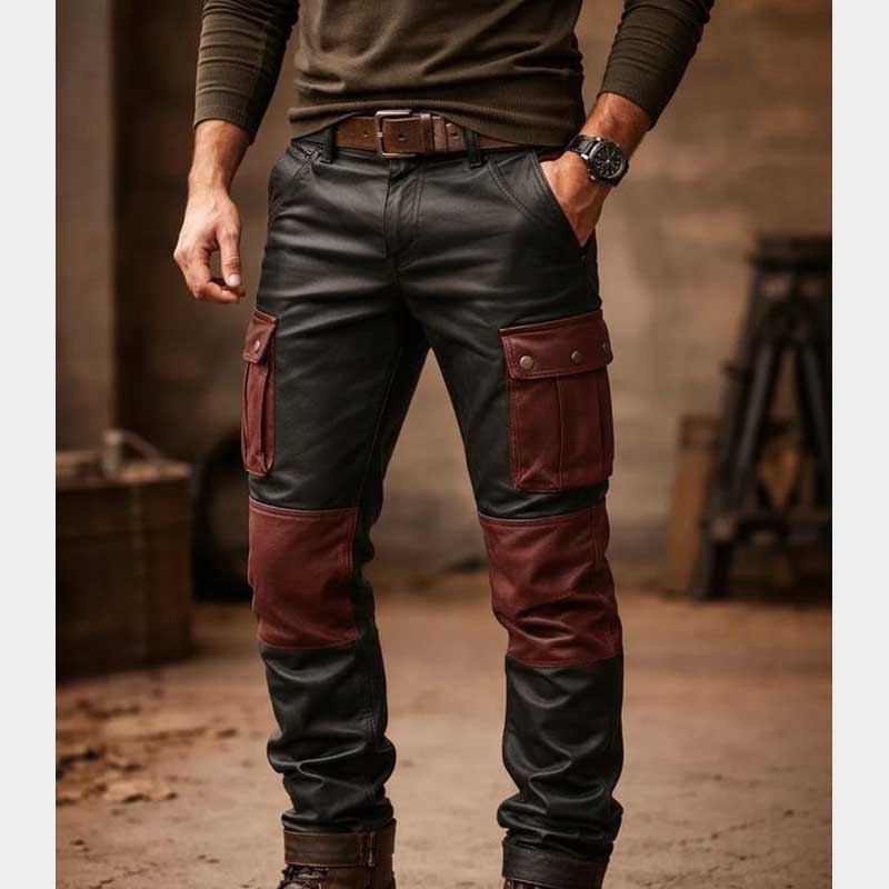 Handmade Black and Red Leather Cargo Pants with Utility Pockets for Bikers front view showing functional cargo design