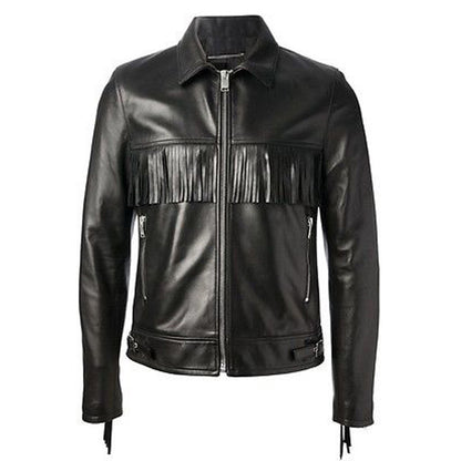 Handmade Black Western Fringe Leather Jacket for Men