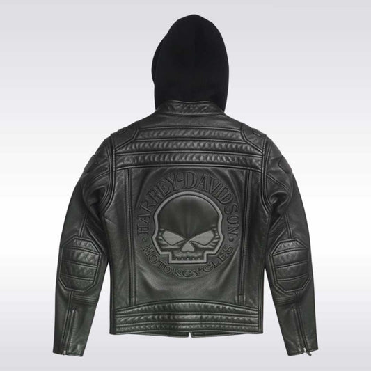 Harley Davidson Black Leather Hooded Motorcycle Jacket