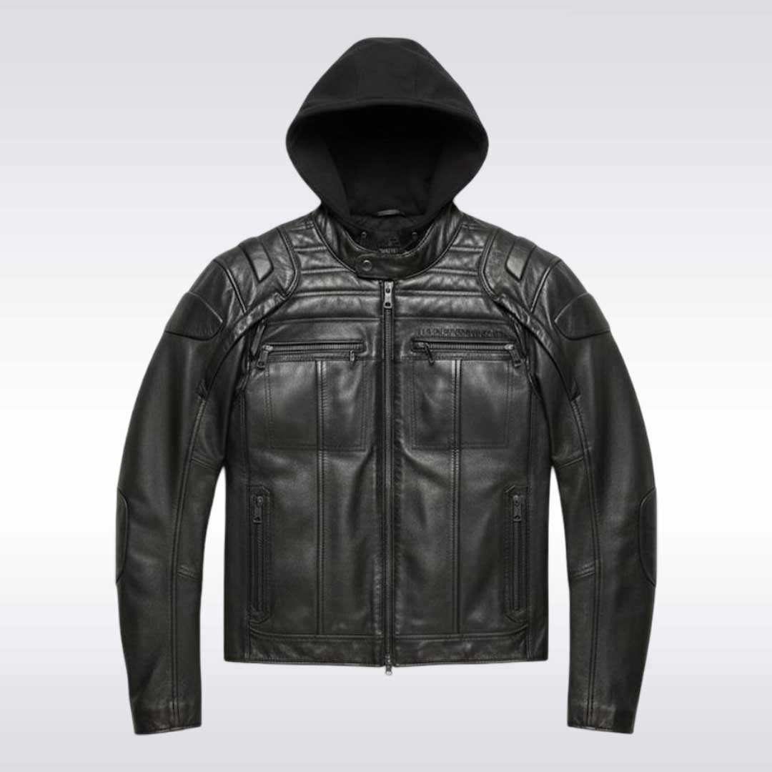 Harley Davidson Black Leather Hooded Motorcycle Jacket