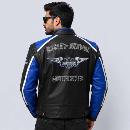 Men's Harley Davidson Blue Genuine Cowhide Leather Motorcycle Jacket with Cruiser Rider Fit
