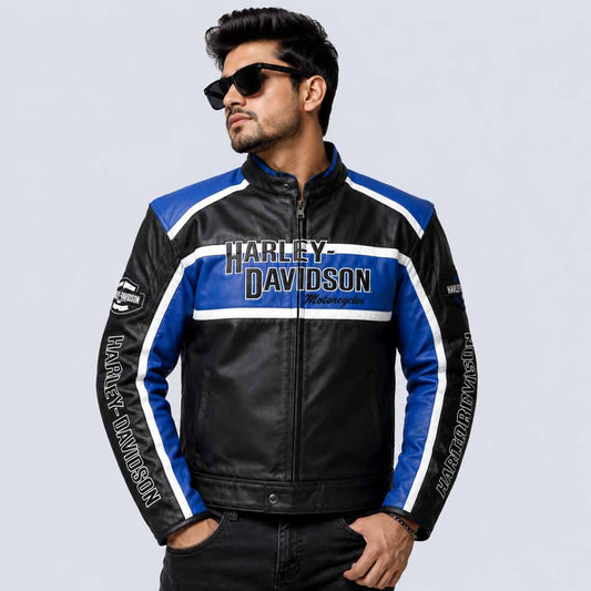 Men's Harley Davidson Blue Genuine Cowhide Leather Motorcycle Jacket with Cruiser Rider Fit