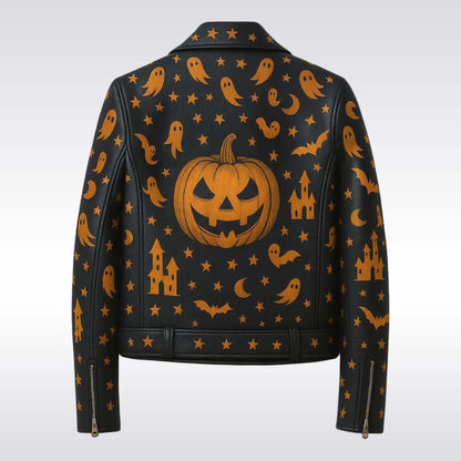 Black leather jacket with Halloween-themed orange patterns