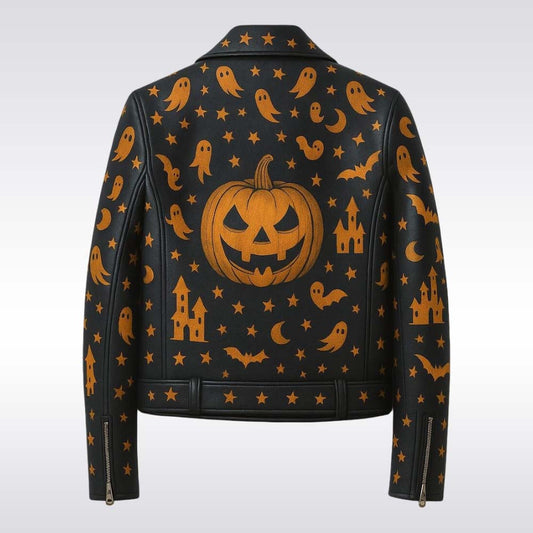 Black leather jacket with Halloween-themed orange patterns