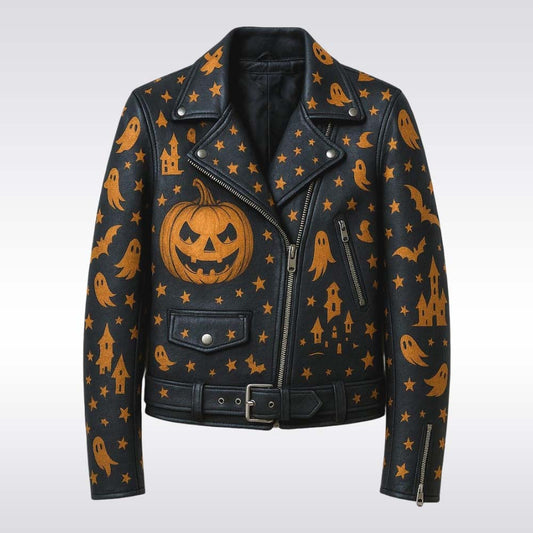 Haunted Rebel Halloween Leather Jacket – Ghost & Pumpkin Print