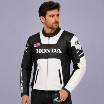 Men's Honda HRC genuine cowhide leather cafe racer motorcycle jacket