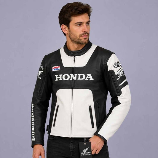 Men's Honda HRC genuine cowhide leather cafe racer motorcycle jacket