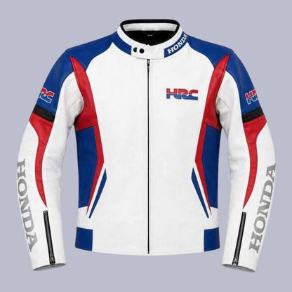 Men's Honda HRC leather racing jacket in white blue and red genuine cowhide