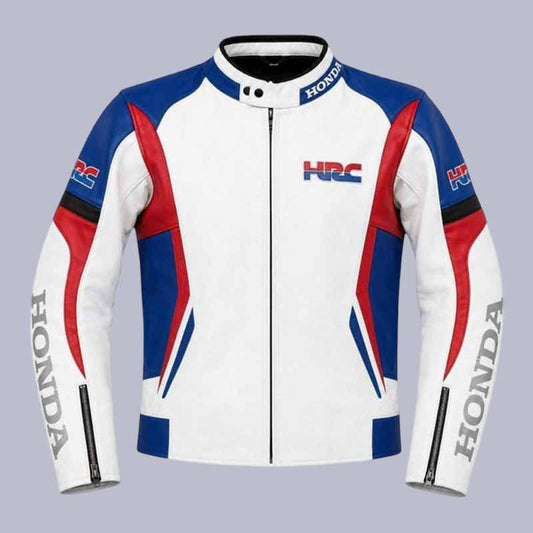 Men's Honda HRC leather racing jacket in white blue and red genuine cowhide