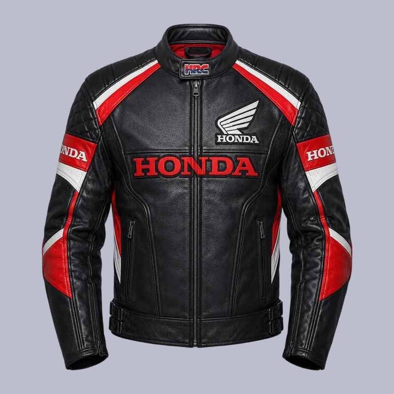 Men's Honda HRC motorcycle leather jacket in black red genuine cowhide