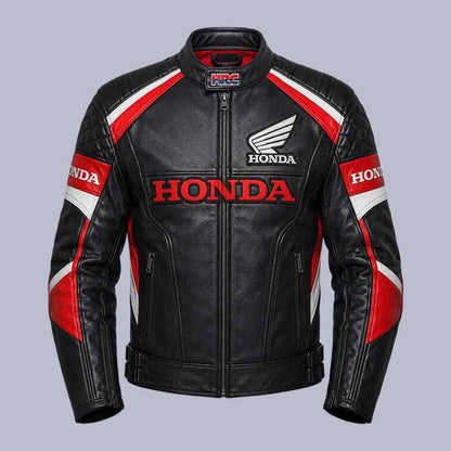 Men's Honda HRC motorcycle leather jacket in black red genuine cowhide