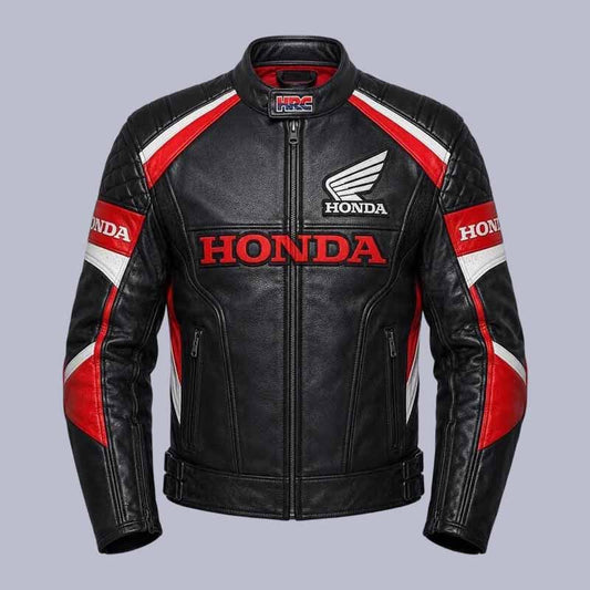 Men's Honda HRC motorcycle leather jacket in black red genuine cowhide