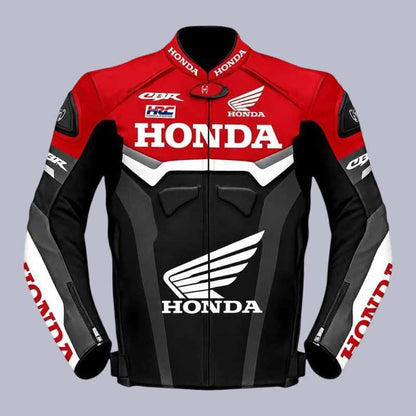 Men's Honda HRC black leather motorcycle jacket with CE approved armor